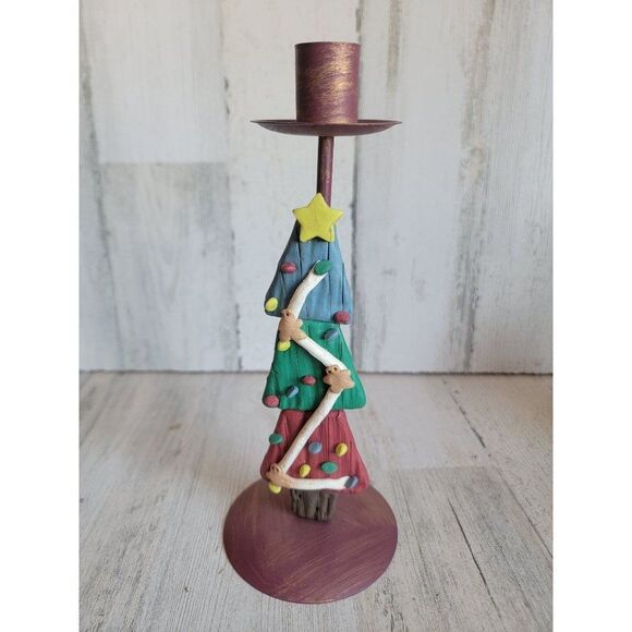 Candlestick holder clay Xmas tree gingerbread men vintage home decor - Picture 1 of 9